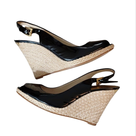 Michael Kors Keenan Black Patent Leather Peep Toe Espadrille Wedges Size 8 - Picture 1 of 11